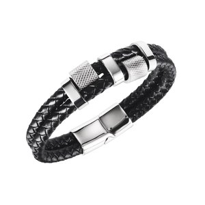 Double-strand black woven leather bracelet for men with silver knurled metal magnetic clasp