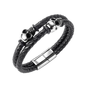 Men Punk Leather Braided Bracelet Multi-Layer Titanium Steel Skull Charm Wristband With Magnetic Clasp Gothic Rock Jewelry