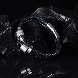 Men's double-layered braided leather bracelet with stainless steel magnetic clasp on stone