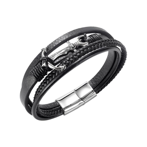 Men Multi-Layer Braided Leather Bracelet Stainless Steel Anchor Pendant Magnetic Clasp Nautical Punk Style Jewelry