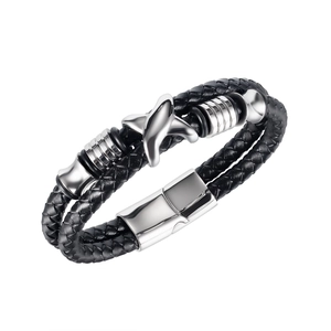 Men's Vintage Double Layer Braided Artificial Leather Bracelet With Stainless Steel Magnetic Clasp Fashion Jewelry Gift For Him
