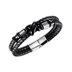 Men's double-layer braided black leather bracelet with silver metal X-charm and magnetic clasp