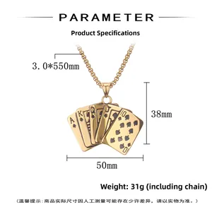 Detailed view of gold poker royal flush pendant with dimensions on stainless steel chain