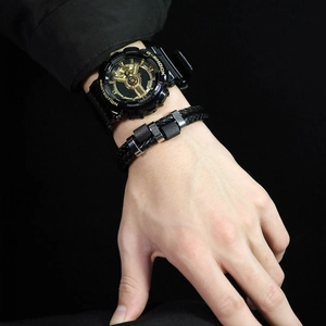 Double-layered braided leather bracelet for men with textured stainless steel accents