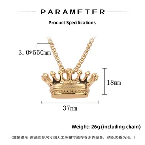 Technical drawing of a gold crown pendant necklace with 37x18mm dimensions and 550mm chain
