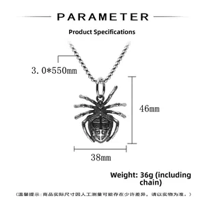Detailed parameter view of retro spider pendant with 55cm chain dimensions and weight