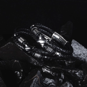 Men's double-layer black braided leather bracelet with stainless steel geometric charms