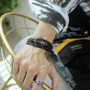 Men's multi-layer woven leather bracelet with stainless steel silver anchor cross charm