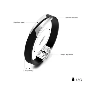 Adjustable men's silicone bracelet with stainless steel plate and folding clasp 205mm