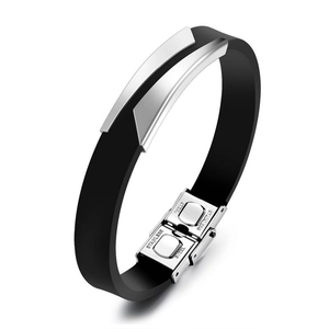 Minimalist black silicone bracelet with polished stainless steel plate for men