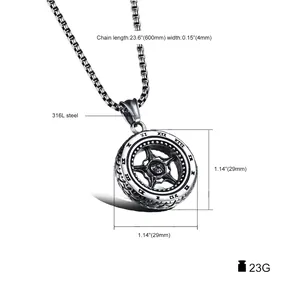 Pendentif roue pneu en acier inoxydable 316L avec chiffres romains et chaîne pour hommes