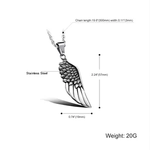 Men's stainless steel angel wing pendant necklace with vintage silver finish and chain