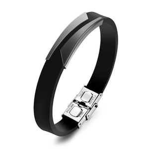 Minimalist black silicone men's bracelet with polished stainless steel metal plate