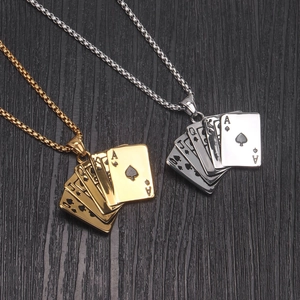 Mens stainless steel poker royal flush pendant necklaces in gold and silver finishes