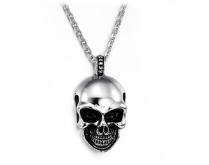 Macro shot of gothic stainless steel skull pendant with vintage black details and chain