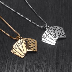 Men's titanium steel necklaces featuring gold and silver poker royal flush pendants