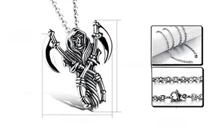 Detailed specs of stainless steel Grim Reaper skull pendant with crossed scythes design
