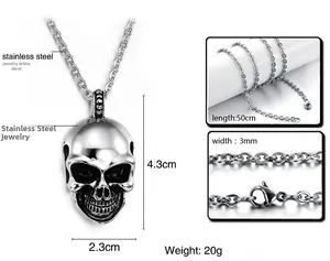 Macro shot of stainless steel skull pendant measuring 4.3x2.3cm with durable lobster clasp