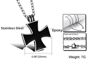 Macro detail of men's stainless steel cross pendant showing epoxy inlay and 25mm dimensions