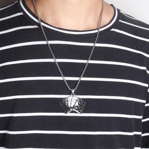 Men's titanium steel necklace featuring a punk style poker royal flush pendant on model