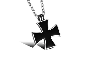 Close-up of polished stainless steel Iron Cross pendant with black enamel inlay and chain