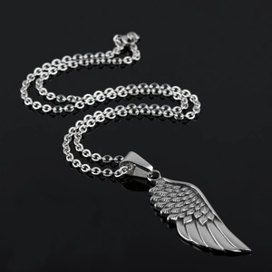 Minimalist silver angel wing pendant necklace with detailed feather textures for men