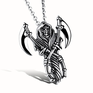 Goth Grim Reaper Pendant Necklace Stainless Steel Skull Double Scythe Punk Rock Jewelry For Men Halloween Party Gift