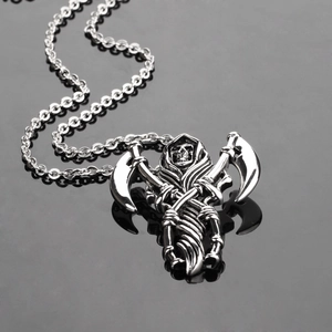 Gothic skull reaper with scythes pendant in silver stainless steel on O-chain necklace
