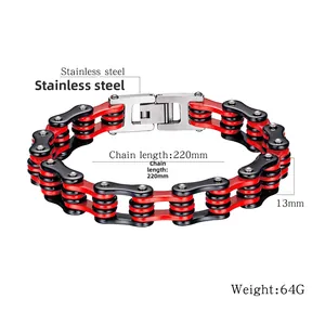 Bracelet chaîne de vélo en acier inoxydable rouge et noir, 220 mm de long et 13 mm