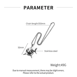 Retro stainless steel shark pendant necklace for men with 550mm chain and detailed size labels