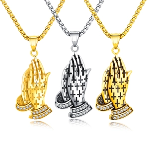 Collier Pendentif Mains en Prière en Acier Inoxydable Vintage pour Hommes Bijoux Religieux Croix Strass avec Prière