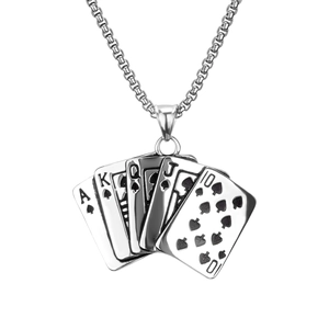 Men's titanium steel necklace featuring a silver royal flush poker spade pendant