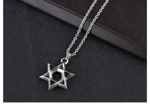 Close-up of titanium steel hexagram pendant with vintage silver finish and O-chain