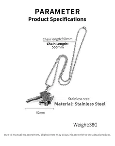 Dimensions détaillées du pendentif hache en acier avec chaîne 550mm et largeur 52mm
