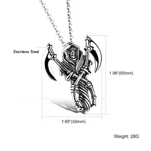 Cool stainless steel grim reaper skull necklace with crossed scythes pendant for men