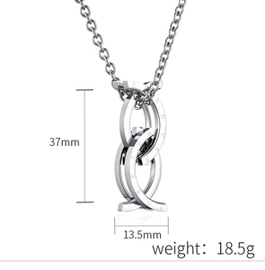 Detailed view of polished stainless steel necklace showing Forever engraved pendant with dimensions