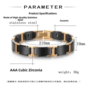 Détail du bracelet homme de 10mm en céramique noire et acier inoxydable doré