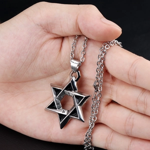 Men's titanium steel hexagram pendant necklace with Hebrew symbols and O-chain