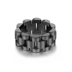 Detail view of black stainless steel ring with matte finish and watch band link design