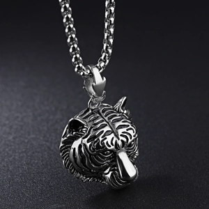 Vintage stainless steel tiger head pendant necklace for men with a solid box chain