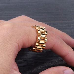 Men's gold watch band style ring in polished stainless steel worn on finger