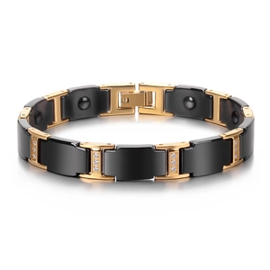 Bracelet Magnétique en Céramique et Acier Inoxydable pour Hommes Affaires Noir Or Argent Incrusté de Zirconia Bijoux