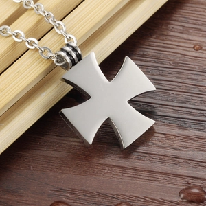 Men's silver metal cross necklace with smooth matte finish on a stylish ring chain