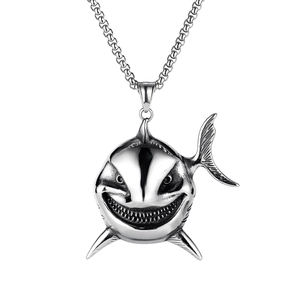 Vintage Stainless Steel Shark Pendant Necklace For Men Punk Style Silver Animal Evil Smile Shark Head Jewelry Gift