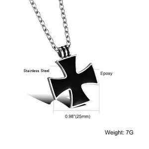 Punk style stainless steel Iron Cross pendant necklace with black epoxy resin inlay