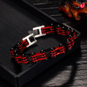 Bracelet chaîne de moto en acier inoxydable bicolore rouge et noir pour homme