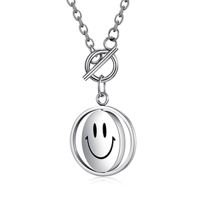 Collier Pendentif Visage Souriant Triste Rotatif en Acier Titane pour Hommes Femmes Unisexe Bijoux Hip Hop Argent Poli avec Fermoir Toggle