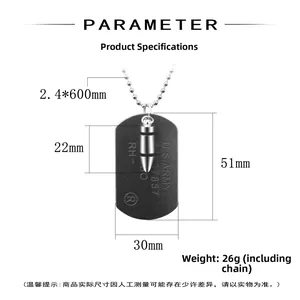 Detailed view of U.S. Army dog tag and bullet pendant with precise size measurements