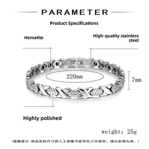 Polished steel magnetic bracelet details with 220mm length and 7mm width dimensions