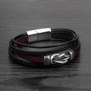 Bracelet multicouche en cuir pour homme avec couture rouge et fermoir magnétique en acier